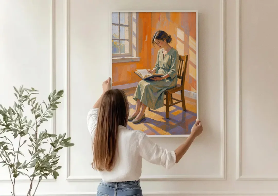 Bookish Decor Woman Reading in Slanted Window Light canvas wall art being hung on a paneled wall