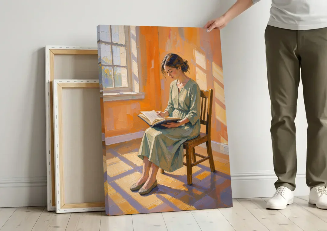 Bookish Decor Woman Reading in Slanted Window Light canvas wall art leaning against a wall next to blank canvases