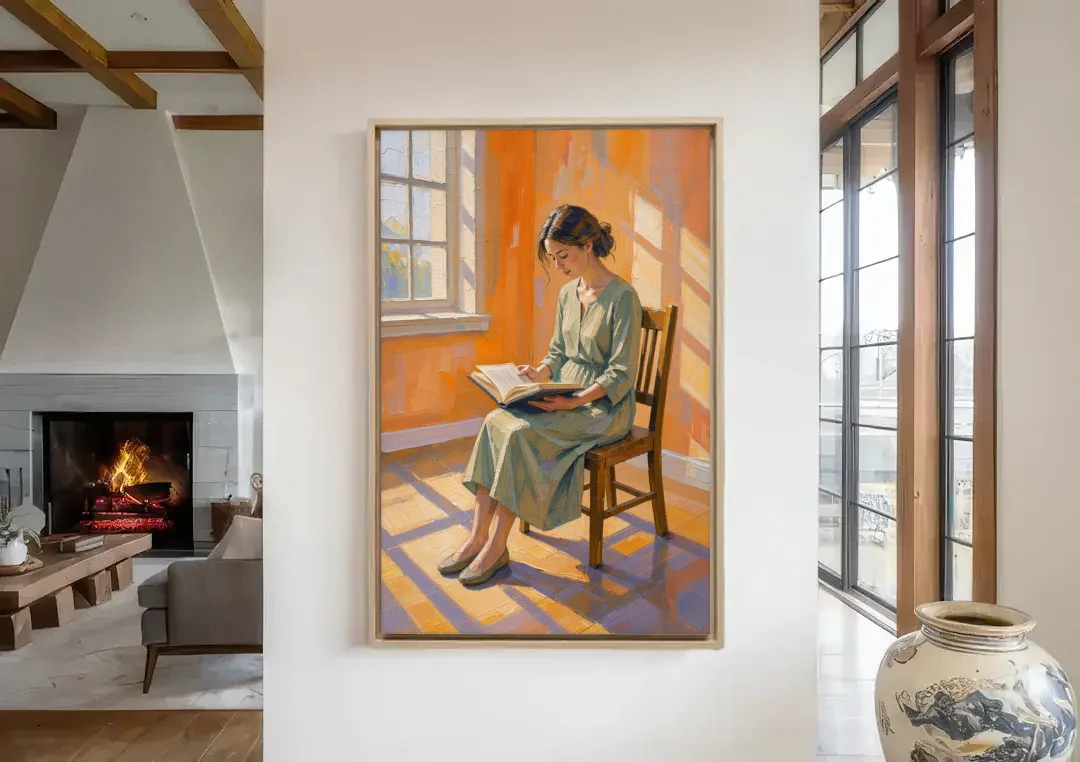 Bookish Decor Woman Reading in Slanted Window Light canvas wall art in a living room with a fireplace