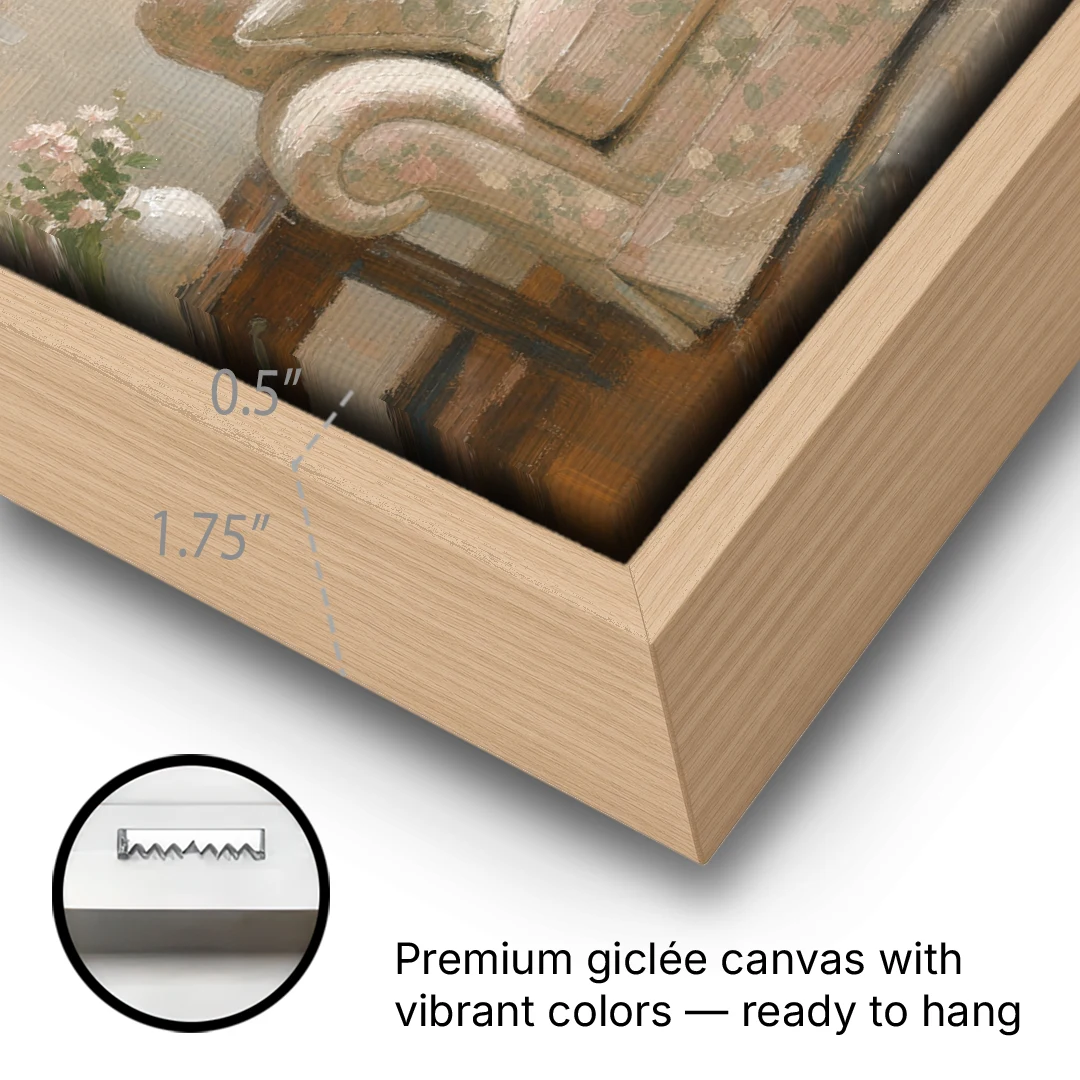 Bookish Wall Art with Blush Floral Sofa - Oak Framed Canvas Wall Art - Gallery Wrap Corner