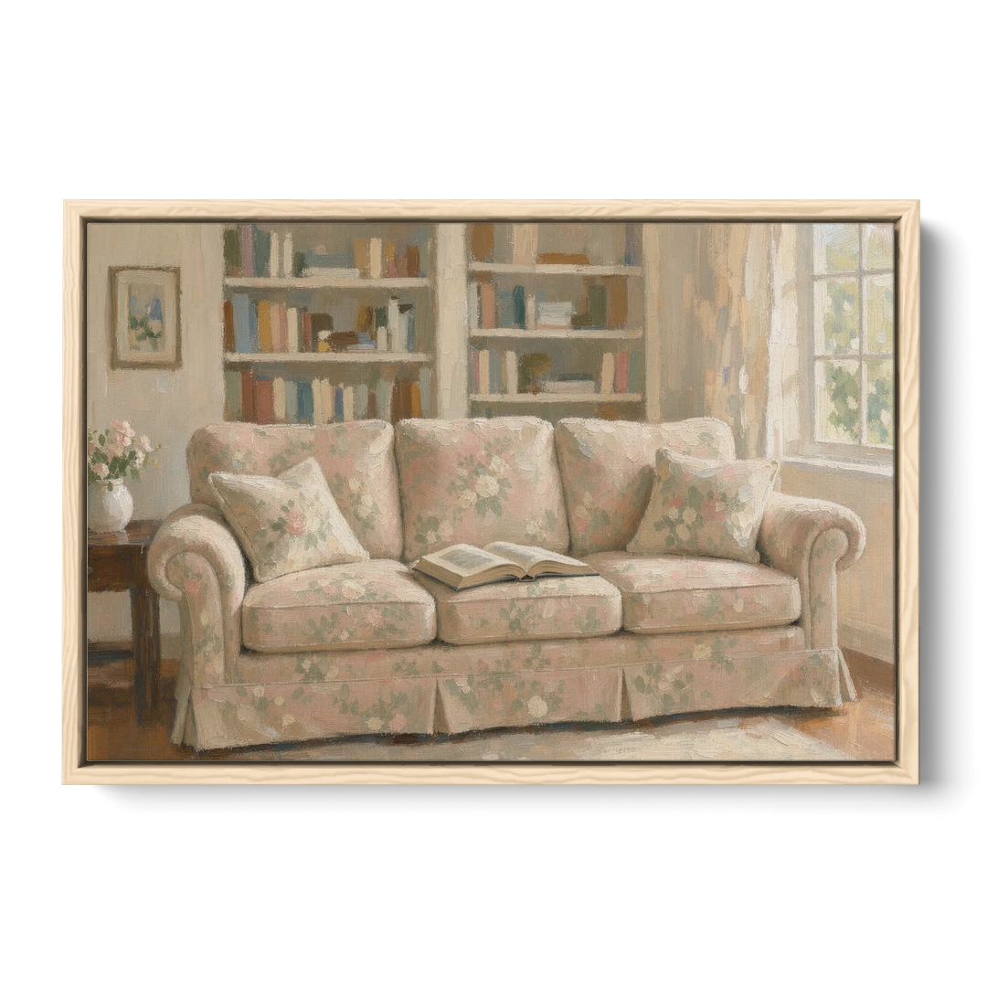 Bookish Wall Art with Blush Floral Sofa - Oak Framed Canvas Wall Art - Front