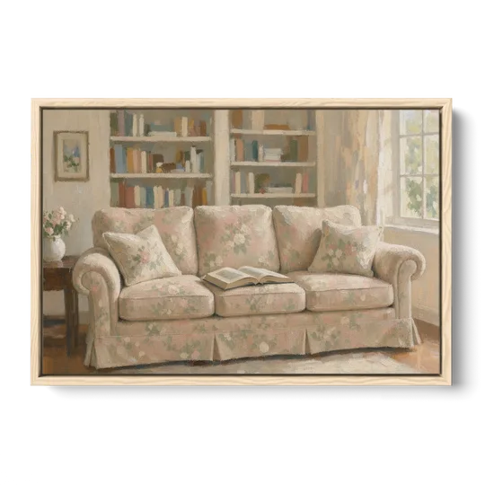 Bookish Wall Art with Blush Floral Sofa - Oak Framed Canvas Wall Art - Front