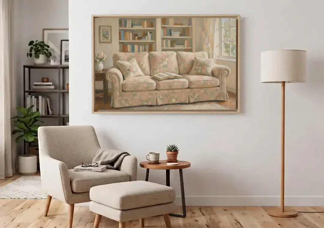 Bookish Wall Art with Blush Floral Sofa canvas wall art above an armchair in a bright living room