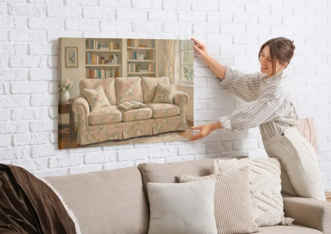 Bookish Wall Art with Blush Floral Sofa canvas wall art being hung on a white brick wall above a sofa