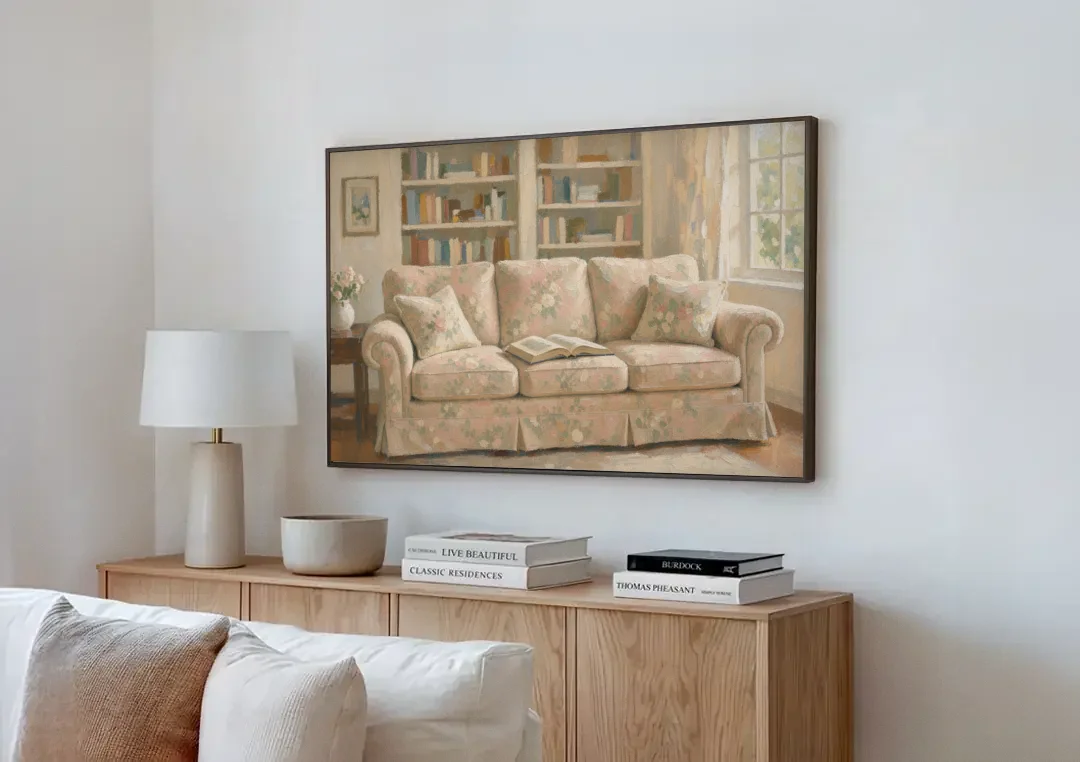 Bookish Wall Art with Blush Floral Sofa canvas wall art above a wooden sideboard next to a sofa