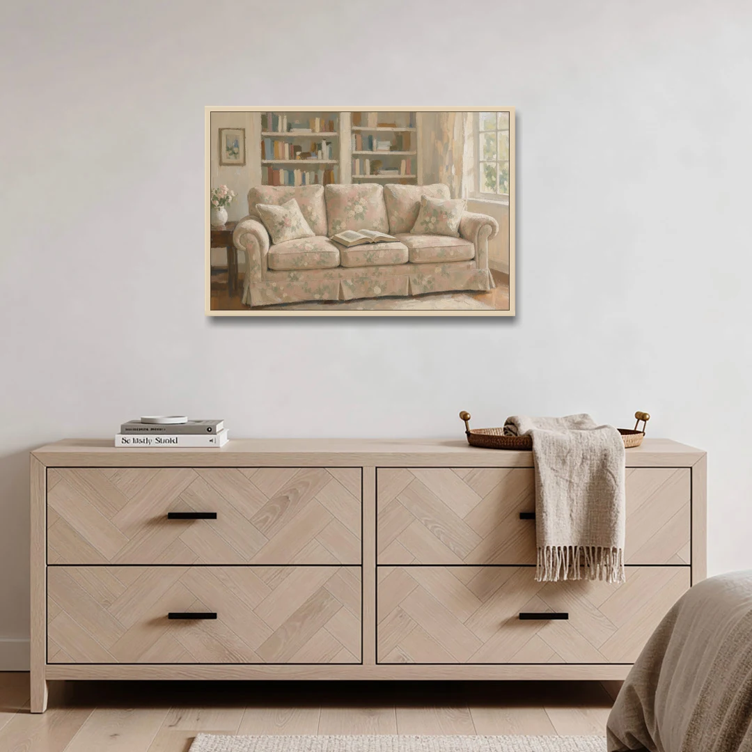 Bookish Wall Art with Blush Floral Sofa - Oak Framed Canvas Wall Art - Coffee Table - 36x24
