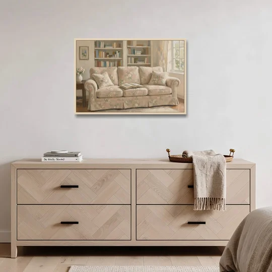 Bookish Wall Art with Blush Floral Sofa - Oak Framed Canvas Wall Art - Coffee Table - 36x24