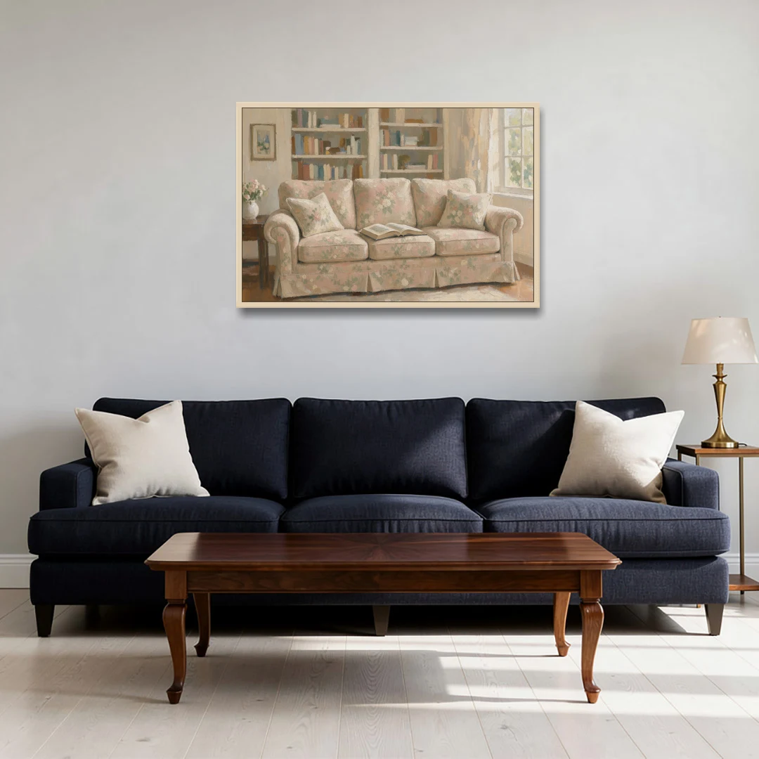 Bookish Wall Art with Blush Floral Sofa - Oak Framed Canvas Wall Art - Sofa - 36x24