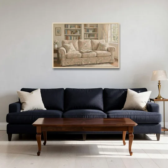 Bookish Wall Art with Blush Floral Sofa - Oak Framed Canvas Wall Art - Sofa - 36x24