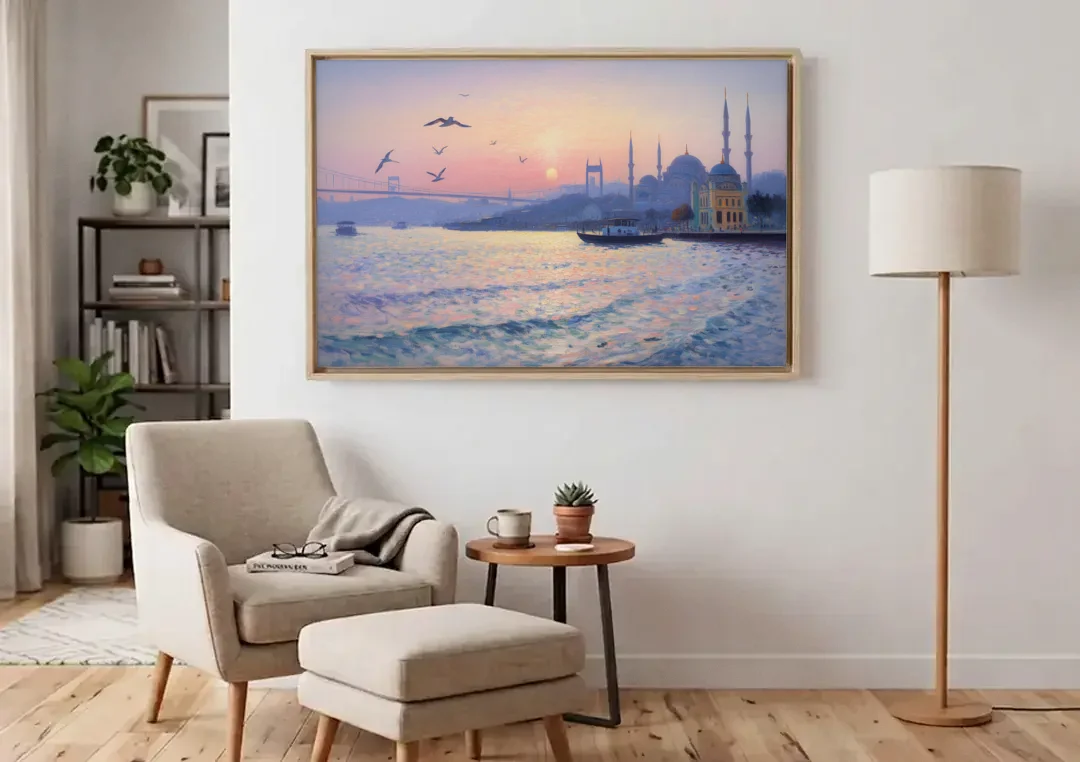 Bosphorus Sunrise canvas wall art above an armchair in a bright living room