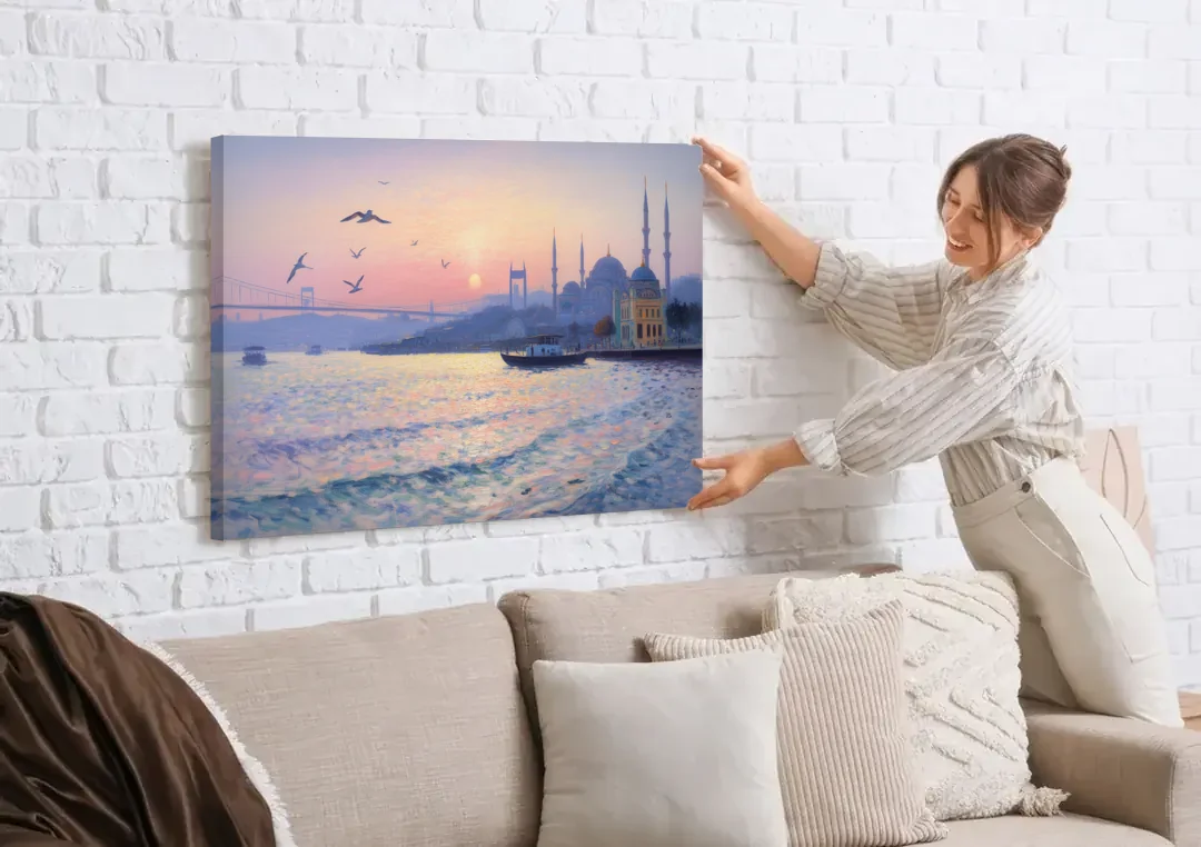Bosphorus Sunrise canvas wall art being hung on a white brick wall above a sofa