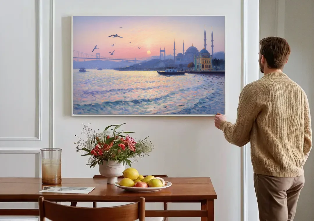 Bosphorus Sunrise canvas wall art above a dining table