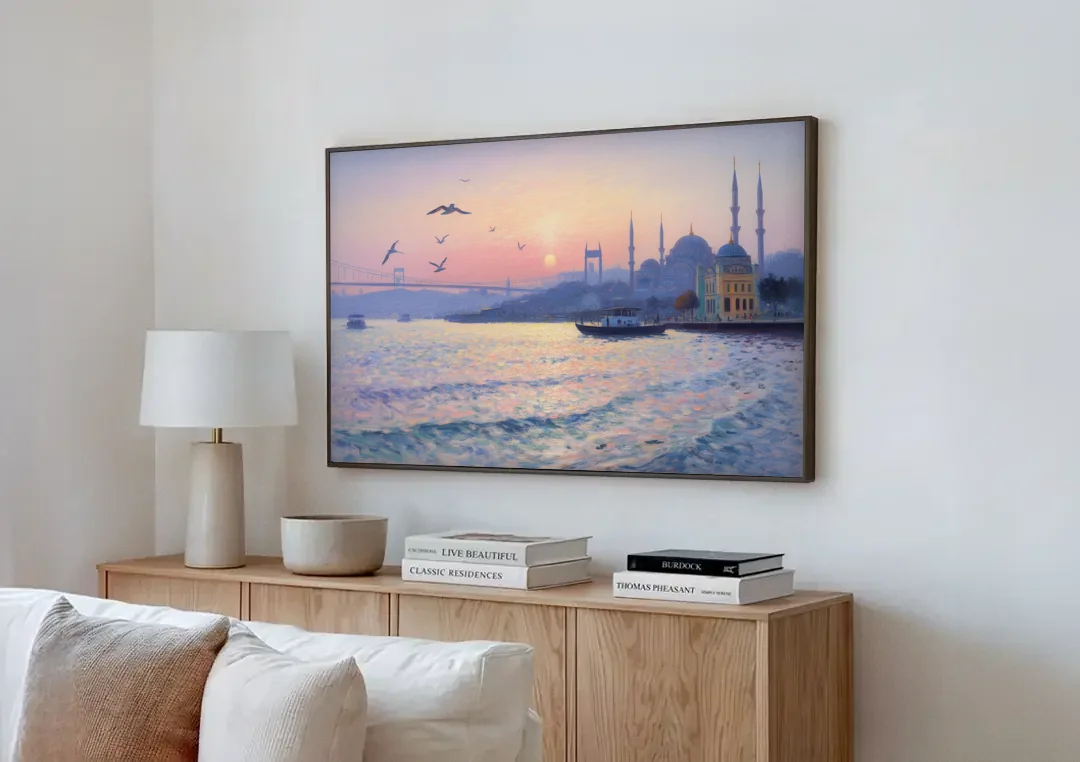 Bosphorus Sunrise canvas wall art above a wooden sideboard next to a sofa