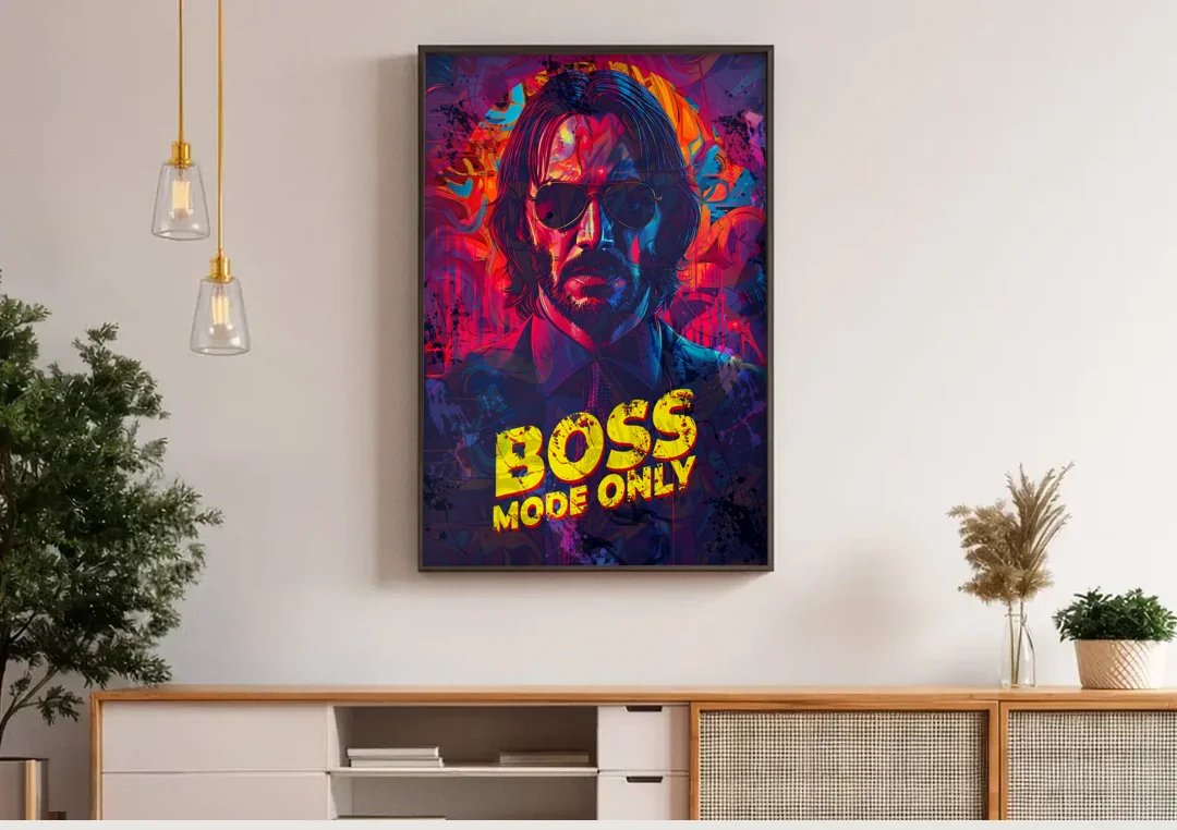 Boss Mode Only canvas wall art above a wooden sideboard under pendant lights