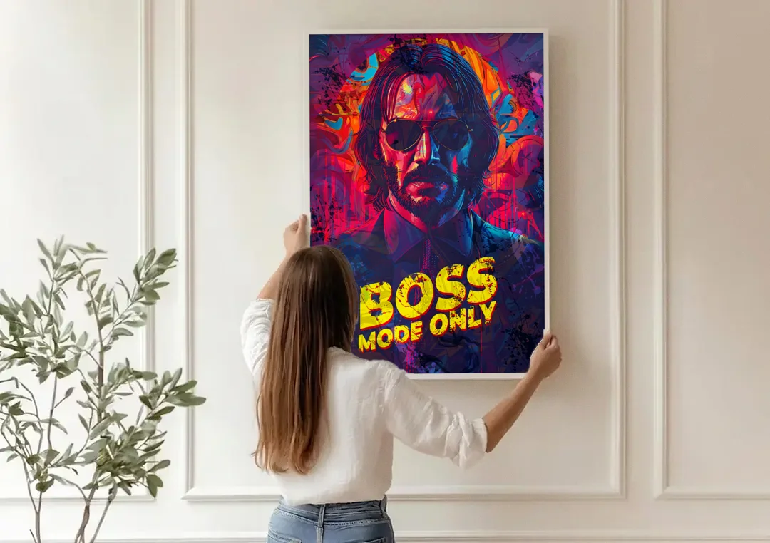Boss Mode Only canvas wall art being hung on a paneled wall
