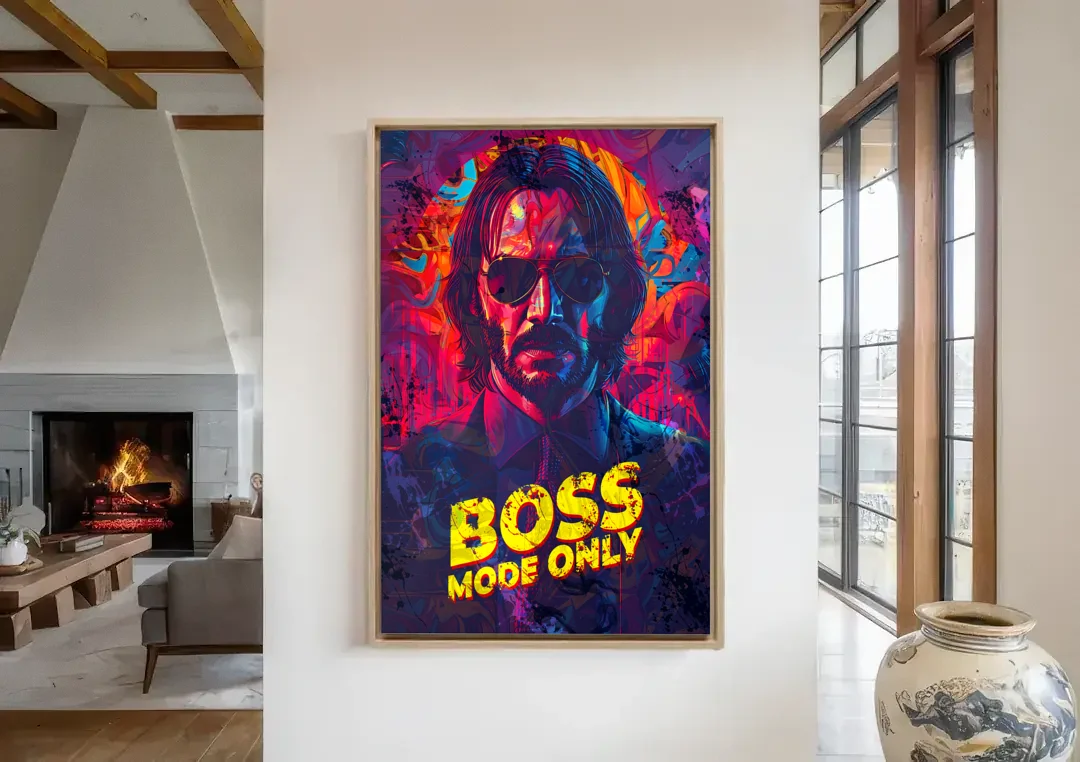 Boss Mode Only canvas wall art in a living room with a fireplace