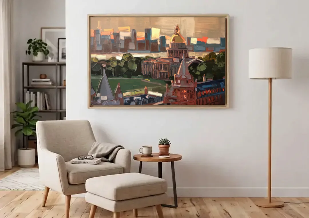 Boston Architectural Beauty canvas wall art above an armchair in a bright living room