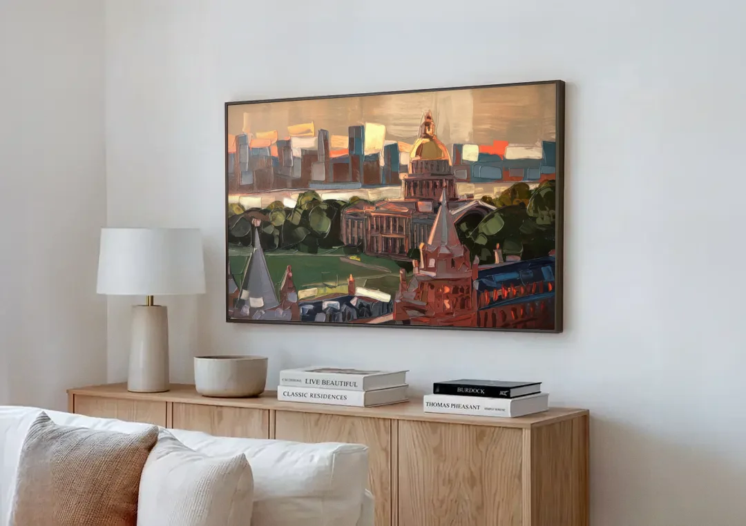 Boston Architectural Beauty canvas wall art above a wooden sideboard next to a sofa