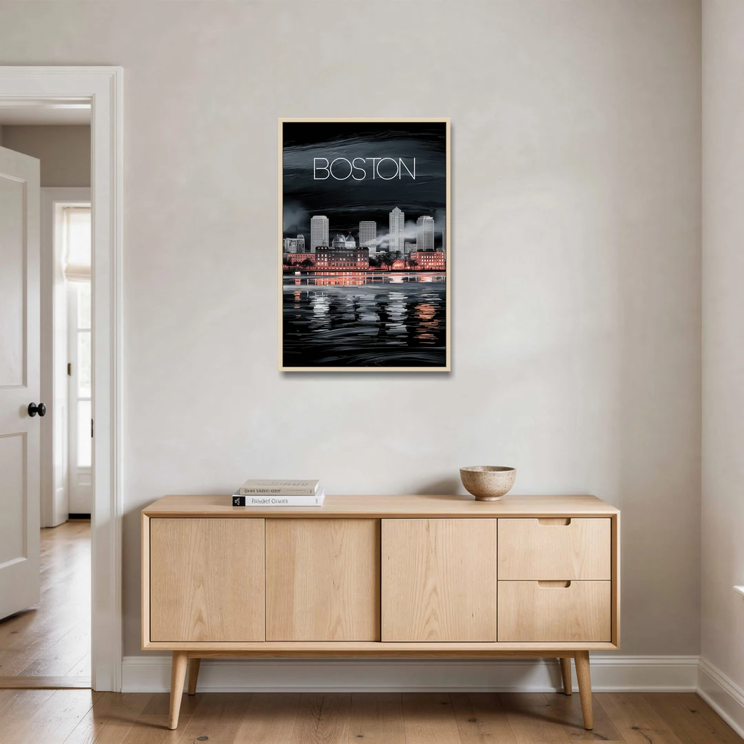 Boston Black and White Aesthetic - Oak Framed Canvas Wall Art - Coffee Table - 24x36