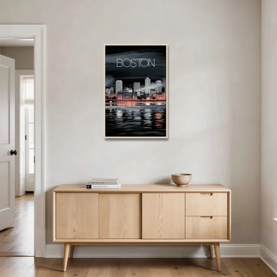Boston Black and White Aesthetic - Oak Framed Canvas Wall Art - Coffee Table - 24x36