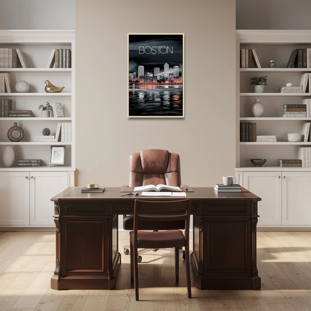 Boston Black and White Aesthetic - Oak Framed Canvas Wall Art - Office - 24x36