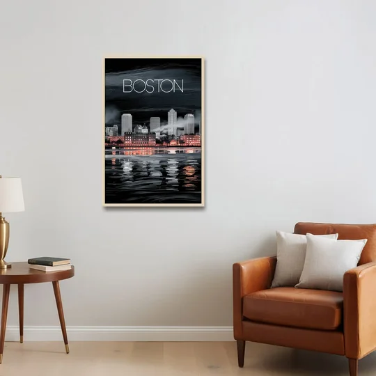 Boston Black and White Aesthetic - Oak Framed Canvas Wall Art - Sofa - 24x36