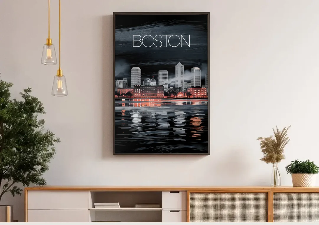 Boston Black and White Aesthetic canvas wall art above a wooden sideboard under pendant lights