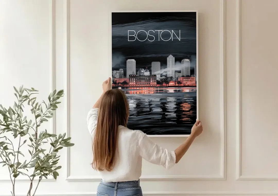 Boston Black and White Aesthetic canvas wall art being hung on a paneled wall