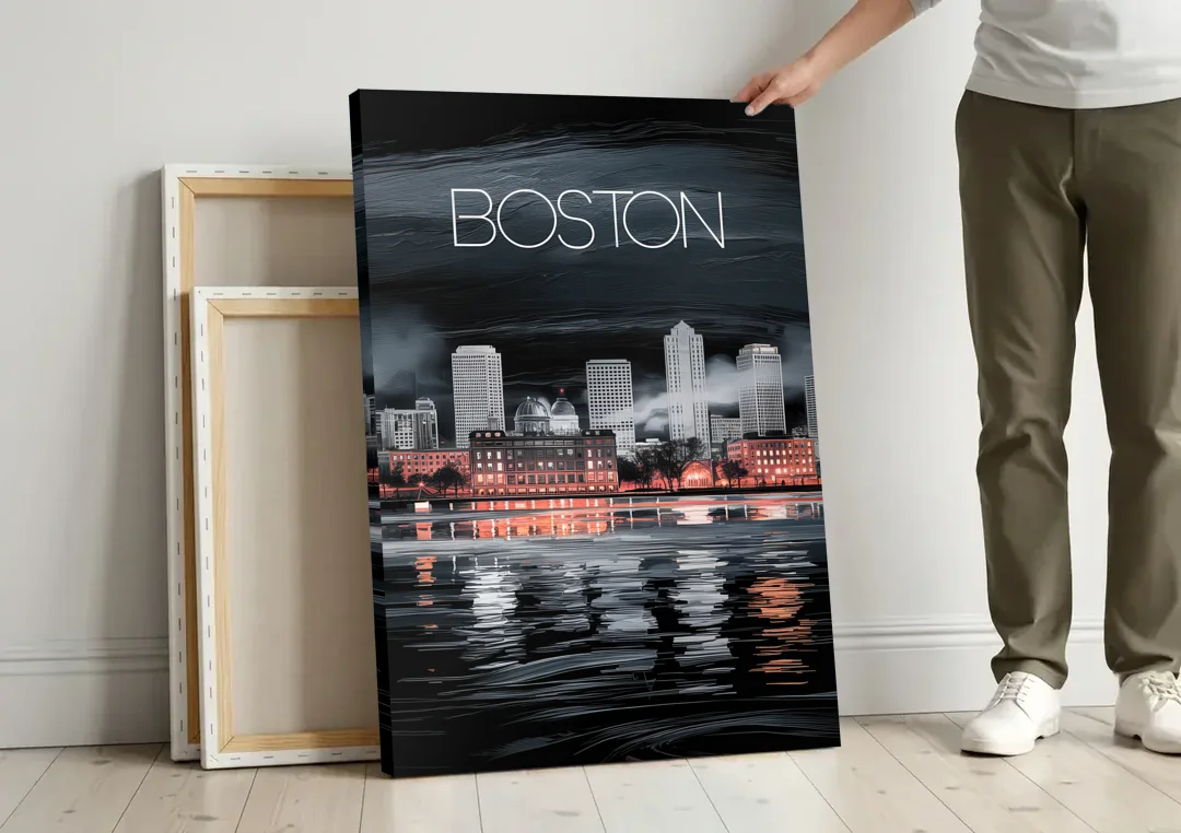 Boston Black and White Aesthetic canvas wall art leaning against a wall next to blank canvases