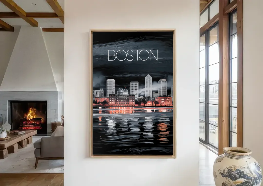 Boston Black and White Aesthetic canvas wall art in a living room with a fireplace