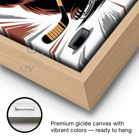 Boston Bruins Abstract Bear Art with Hockey Elements - Oak Framed Canvas Wall Art - Gallery Wrap Corner