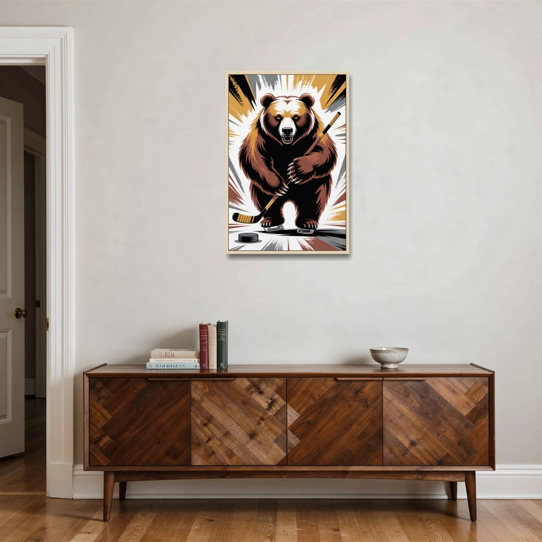 Boston Bruins Abstract Bear Art with Hockey Elements - Oak Framed Canvas Wall Art - Coffee Table - 24x36