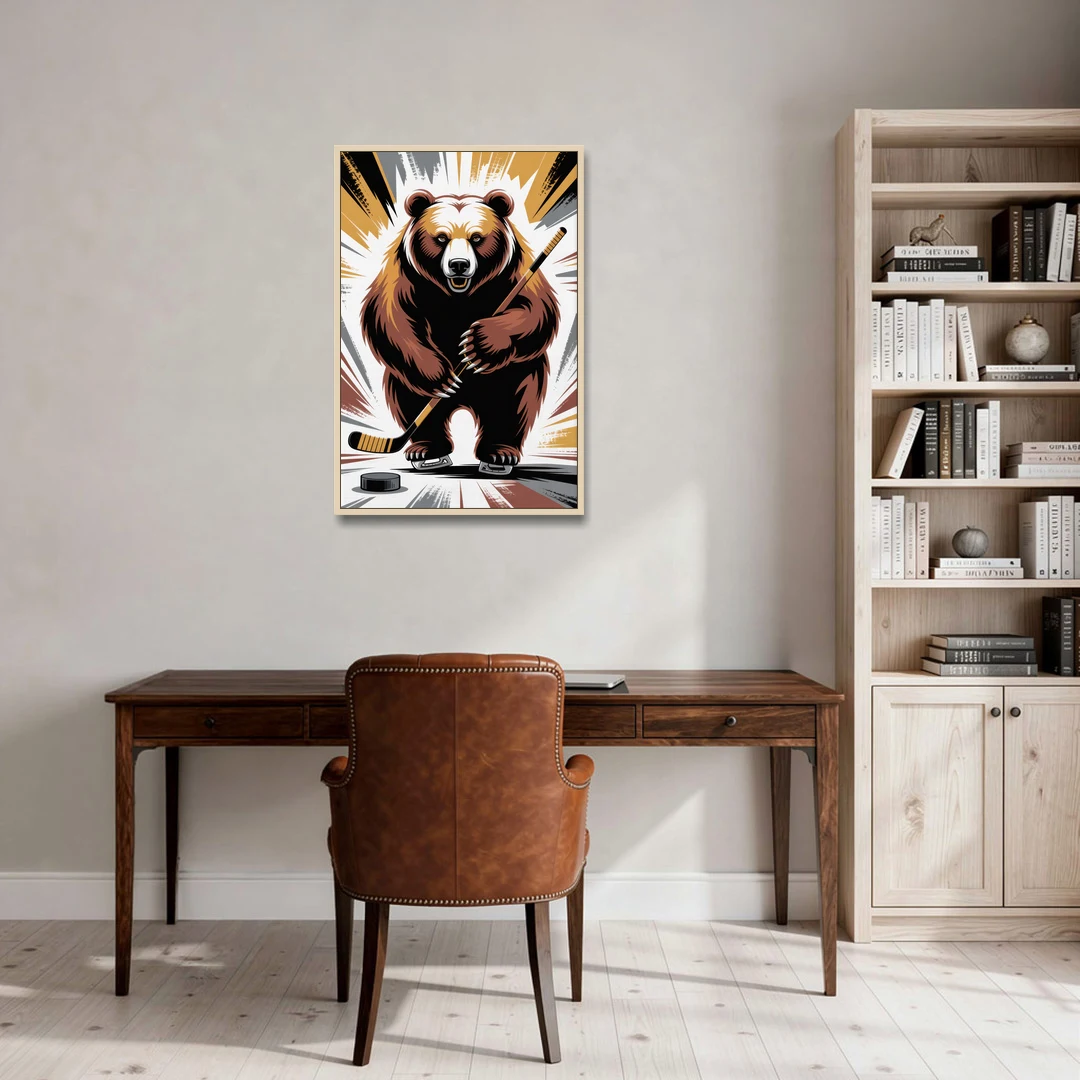 Boston Bruins Abstract Bear Art with Hockey Elements - Oak Framed Canvas Wall Art - Office - 24x36