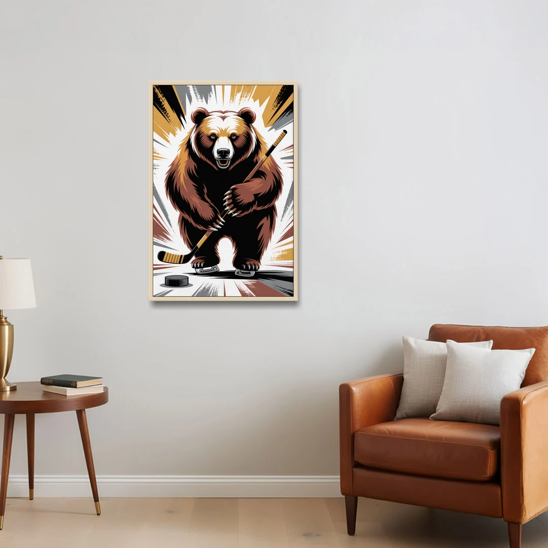 Boston Bruins Abstract Bear Art with Hockey Elements - Oak Framed Canvas Wall Art - Sofa - 24x36