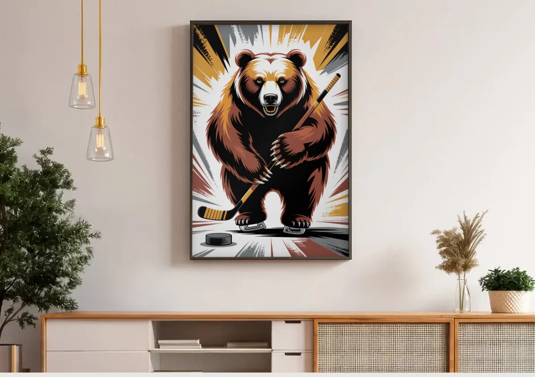 Boston Bruins Abstract Bear Art with Hockey Elements canvas wall art above a wooden sideboard under pendant lights