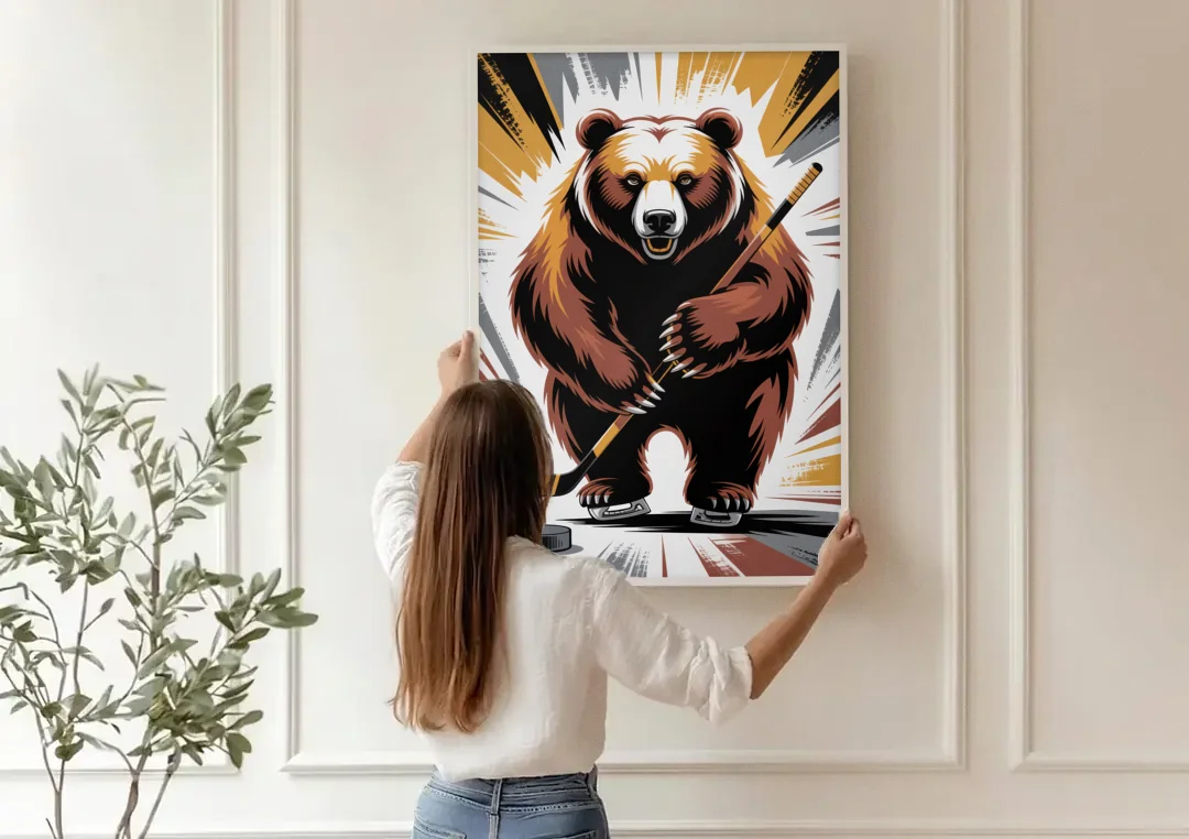 Boston Bruins Abstract Bear Art with Hockey Elements canvas wall art being hung on a paneled wall