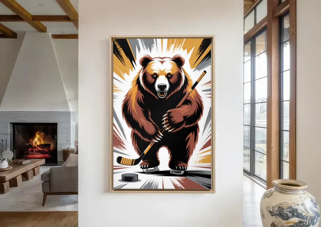 Boston Bruins Abstract Bear Art with Hockey Elements canvas wall art in a living room with a fireplace