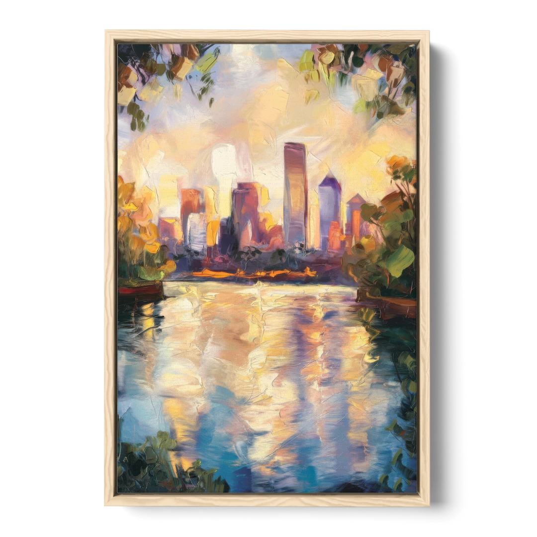Boston Charles River Reflections - Oak Framed Canvas Wall Art - Front