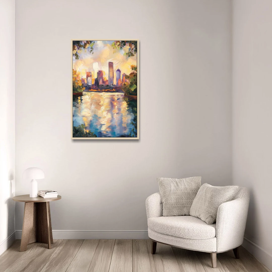 Boston Charles River Reflections - Oak Framed Canvas Wall Art - Sofa - 24x36