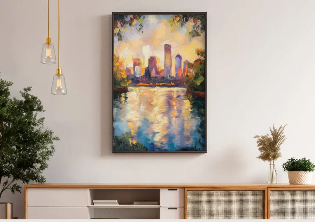 Boston Charles River Reflections canvas wall art above a wooden sideboard under pendant lights