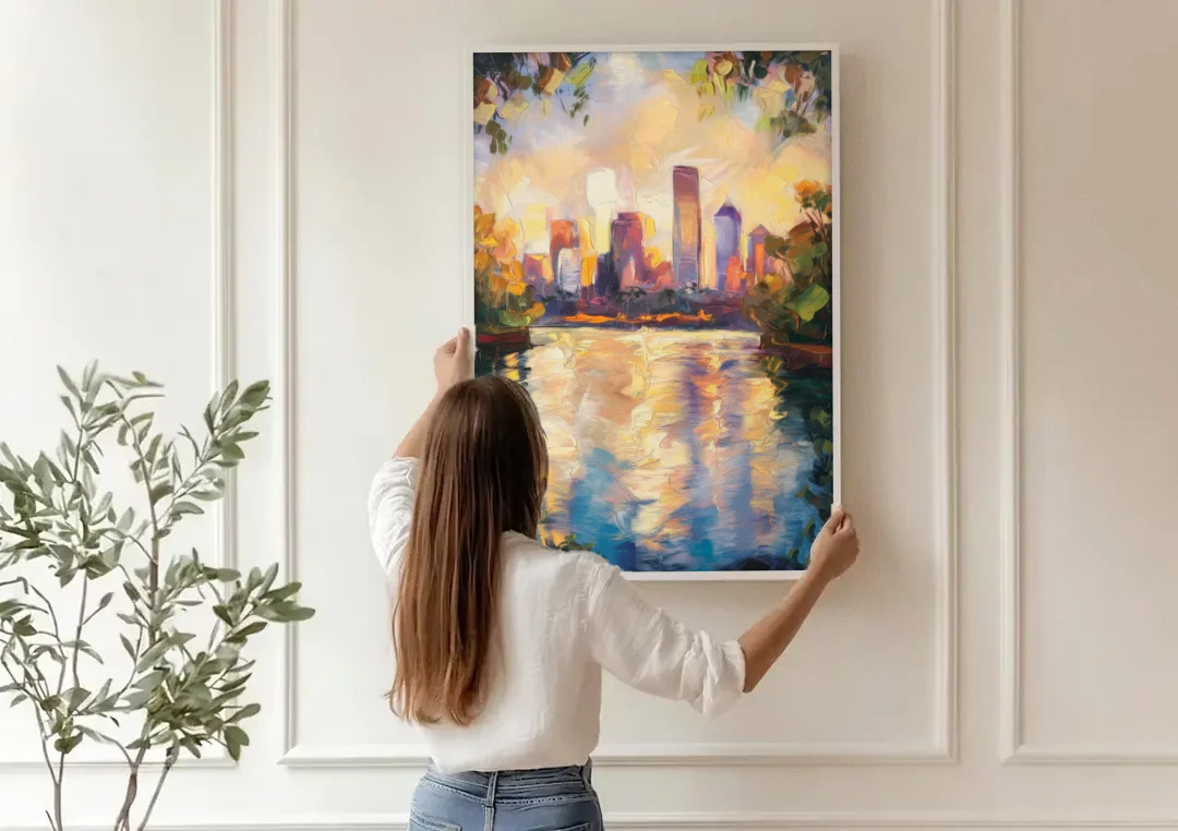 Boston Charles River Reflections canvas wall art being hung on a paneled wall