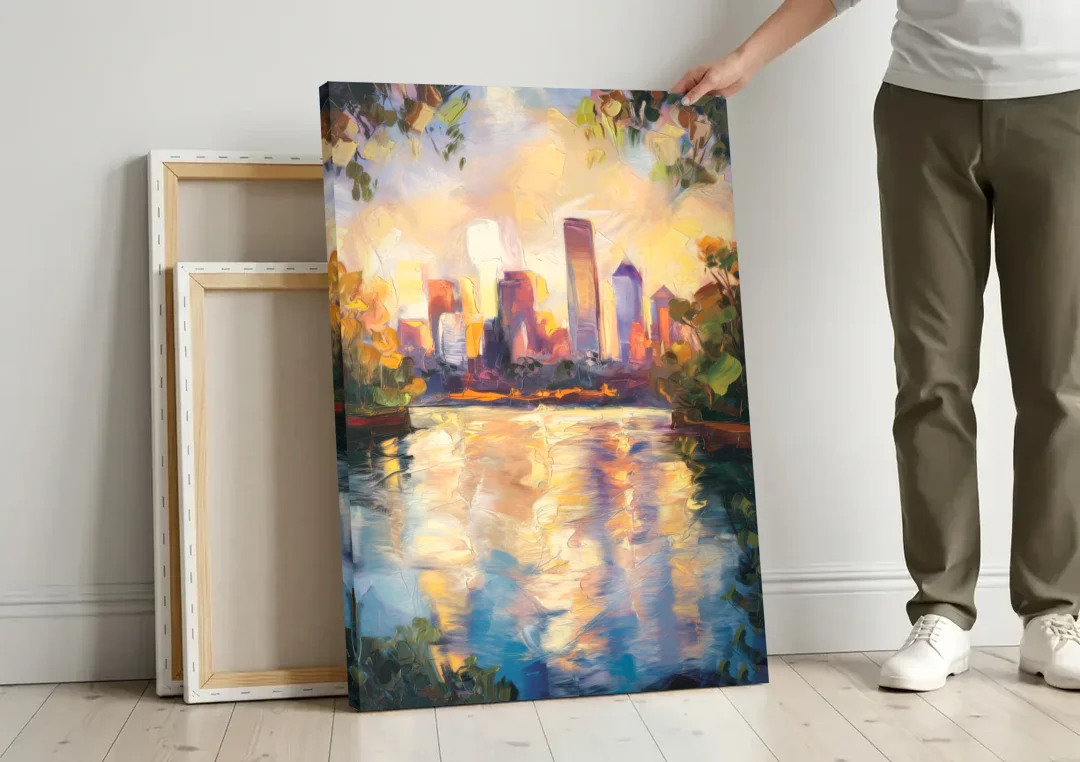 Boston Charles River Reflections canvas wall art leaning against a wall next to blank canvases