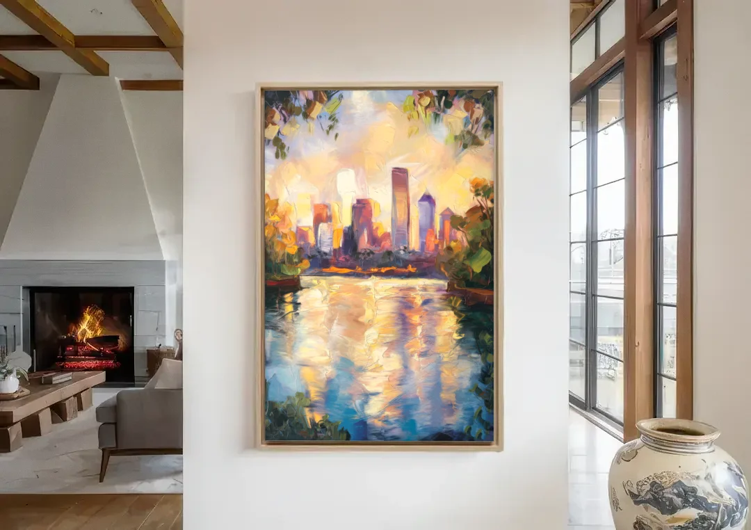Boston Charles River Reflections canvas wall art in a living room with a fireplace