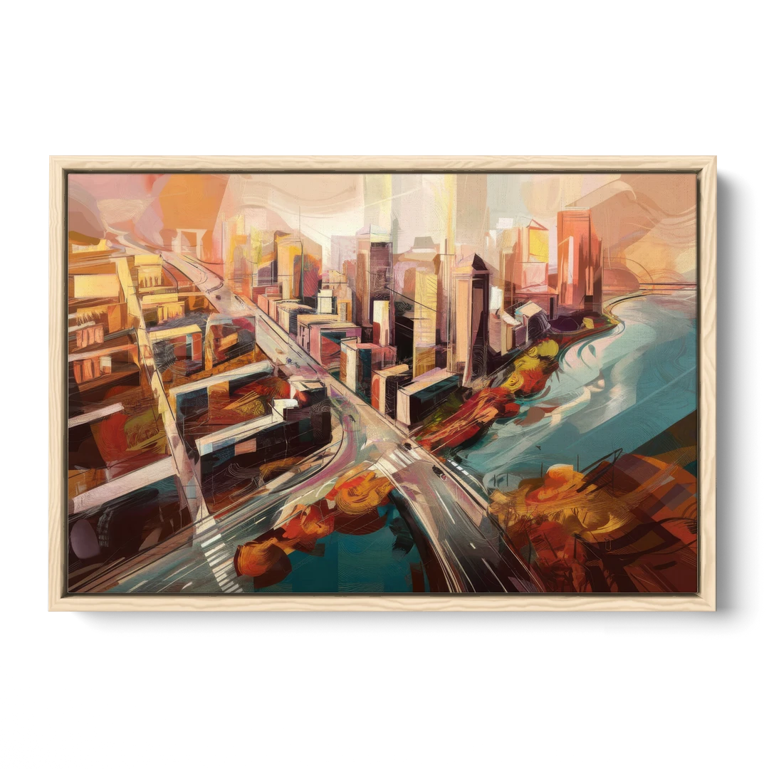 Boston City Streets Aerial View - Oak Framed Canvas Wall Art - Front