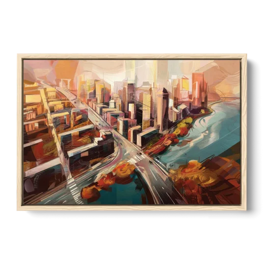Boston City Streets Aerial View - Oak Framed Canvas Wall Art - Front