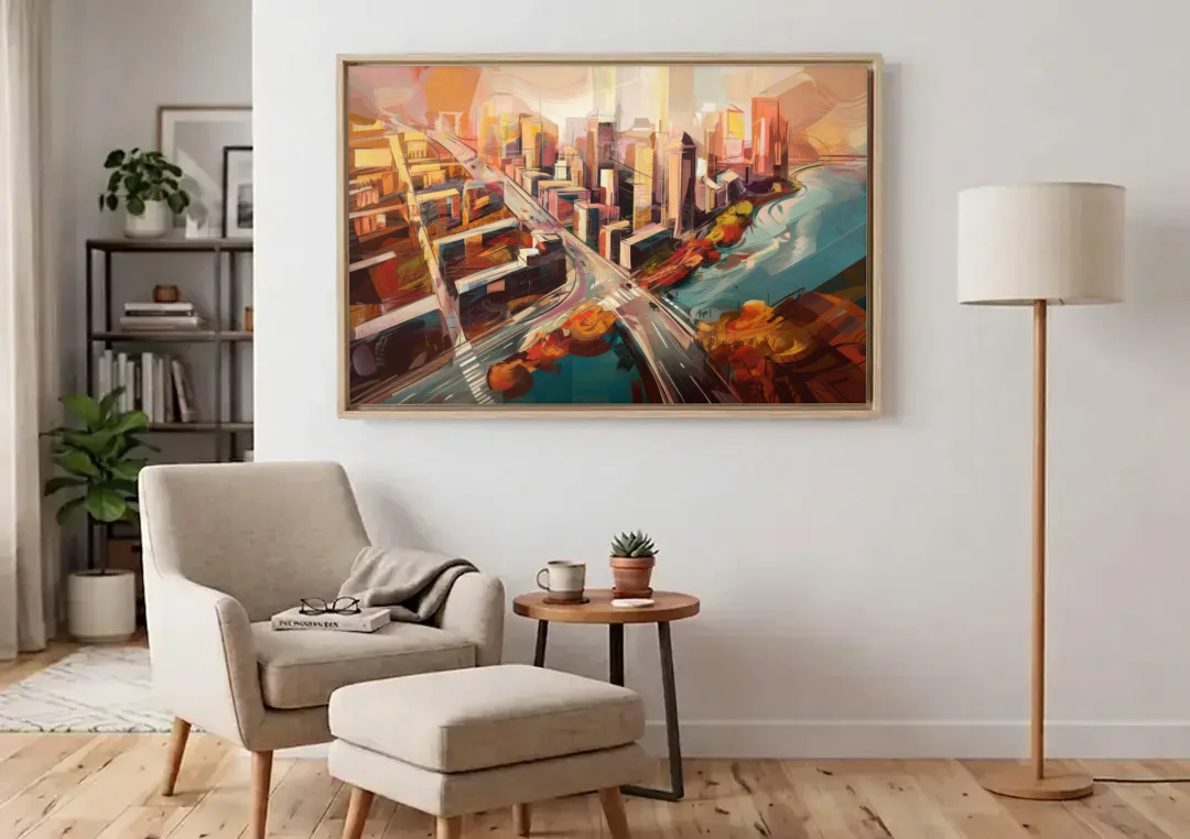 Boston City Streets Aerial View canvas wall art above an armchair in a bright living room