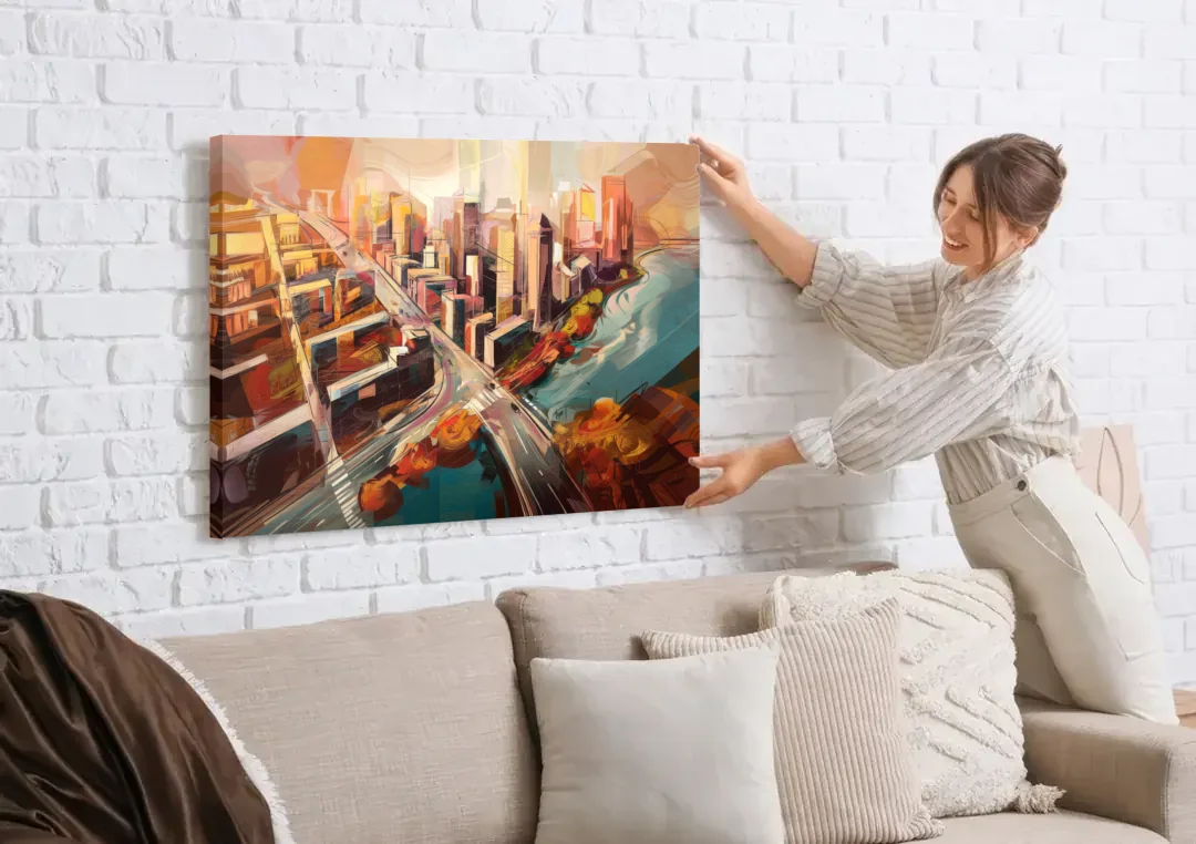 Boston City Streets Aerial View canvas wall art being hung on a white brick wall above a sofa