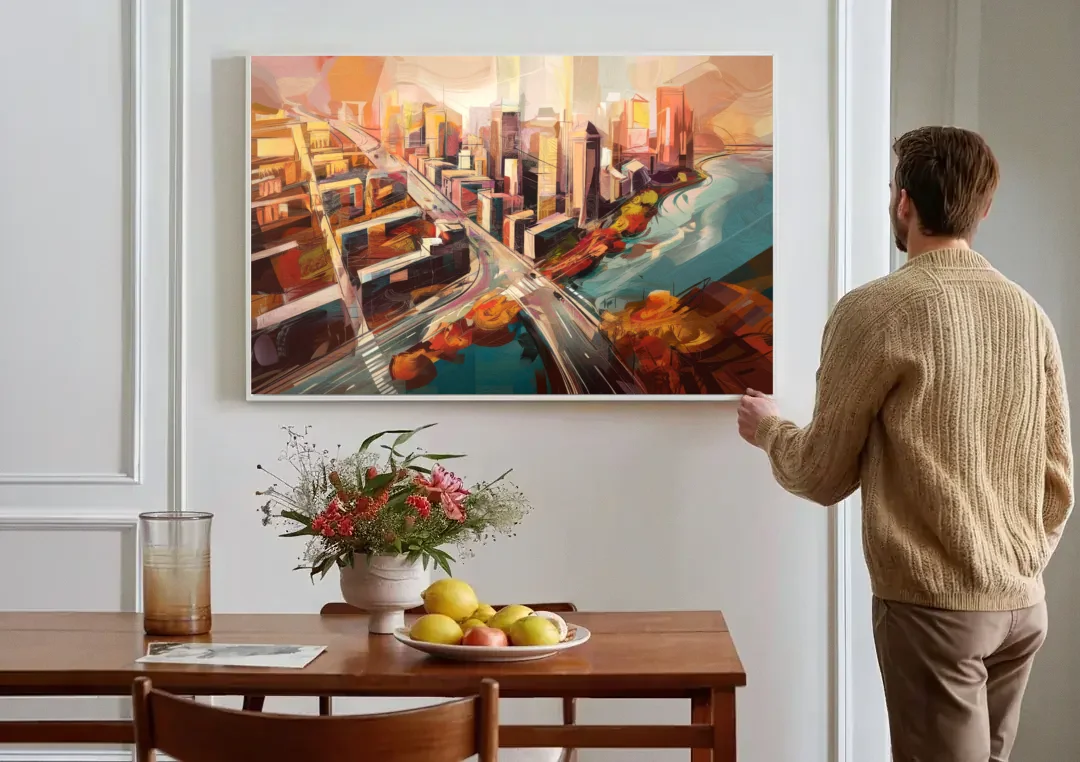 Boston City Streets Aerial View canvas wall art above a dining table