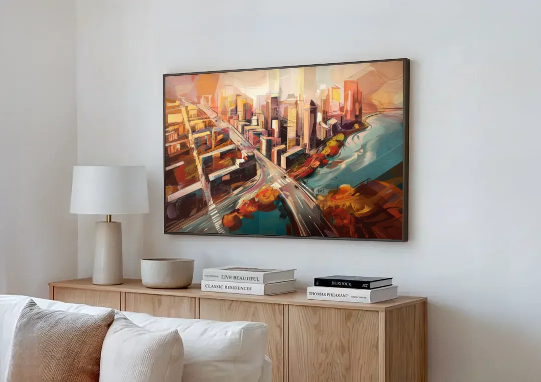 Boston City Streets Aerial View canvas wall art above a wooden sideboard next to a sofa