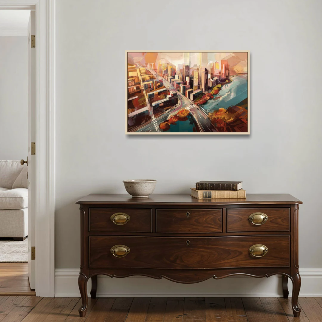 Boston City Streets Aerial View - Oak Framed Canvas Wall Art - Coffee Table - 36x24
